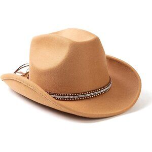 Unisex Camel Western With Rhinestone Band Buckle Classic Fedora Felt Cowboy Hat